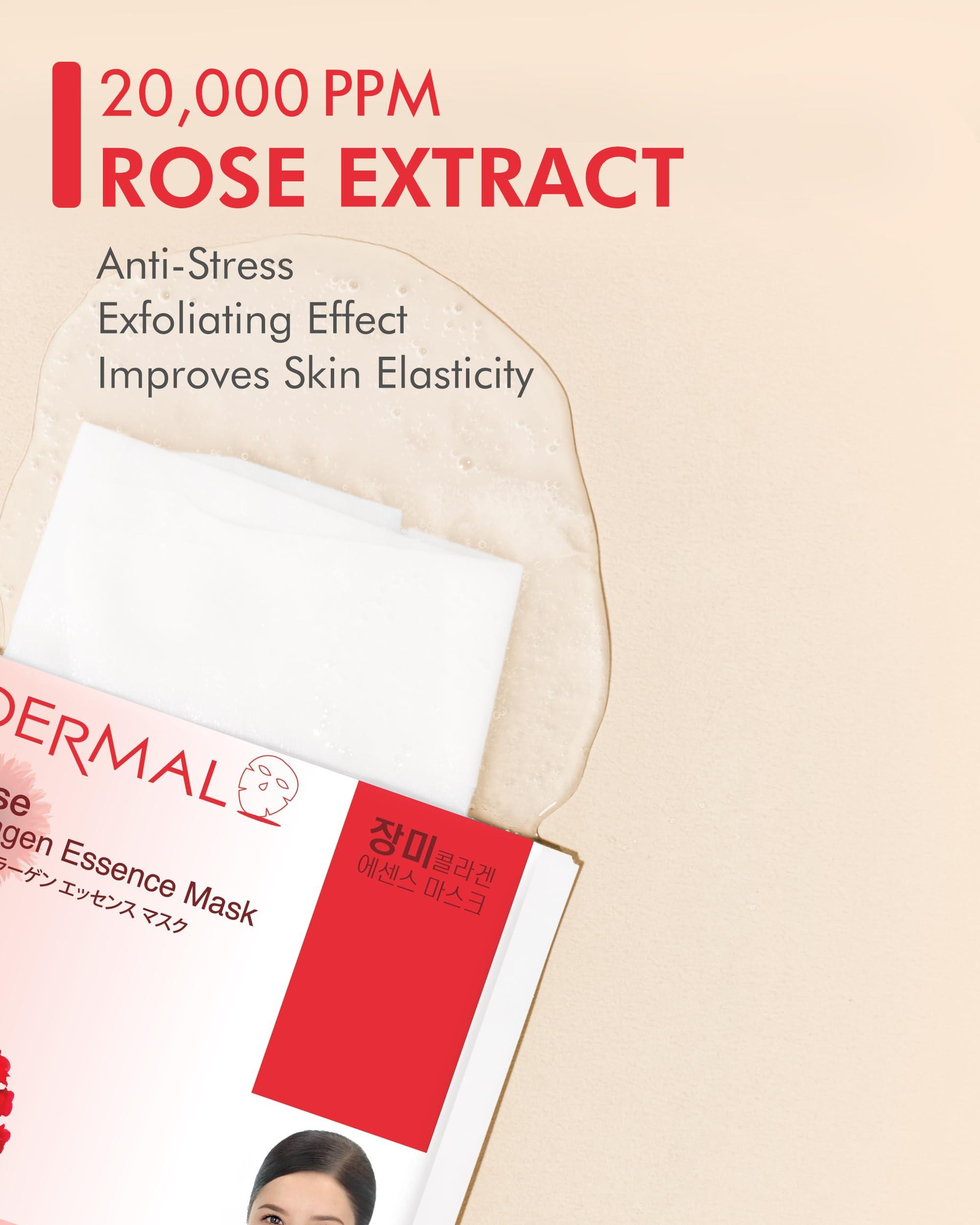 DERMAL DERMAL Rose Collagen Essence Korean Facial Mask Sheet Pack of 10 - Reviving Tired Skin, Soothing & Hydrating - Hypoallergenic Skin Friendly Sheet