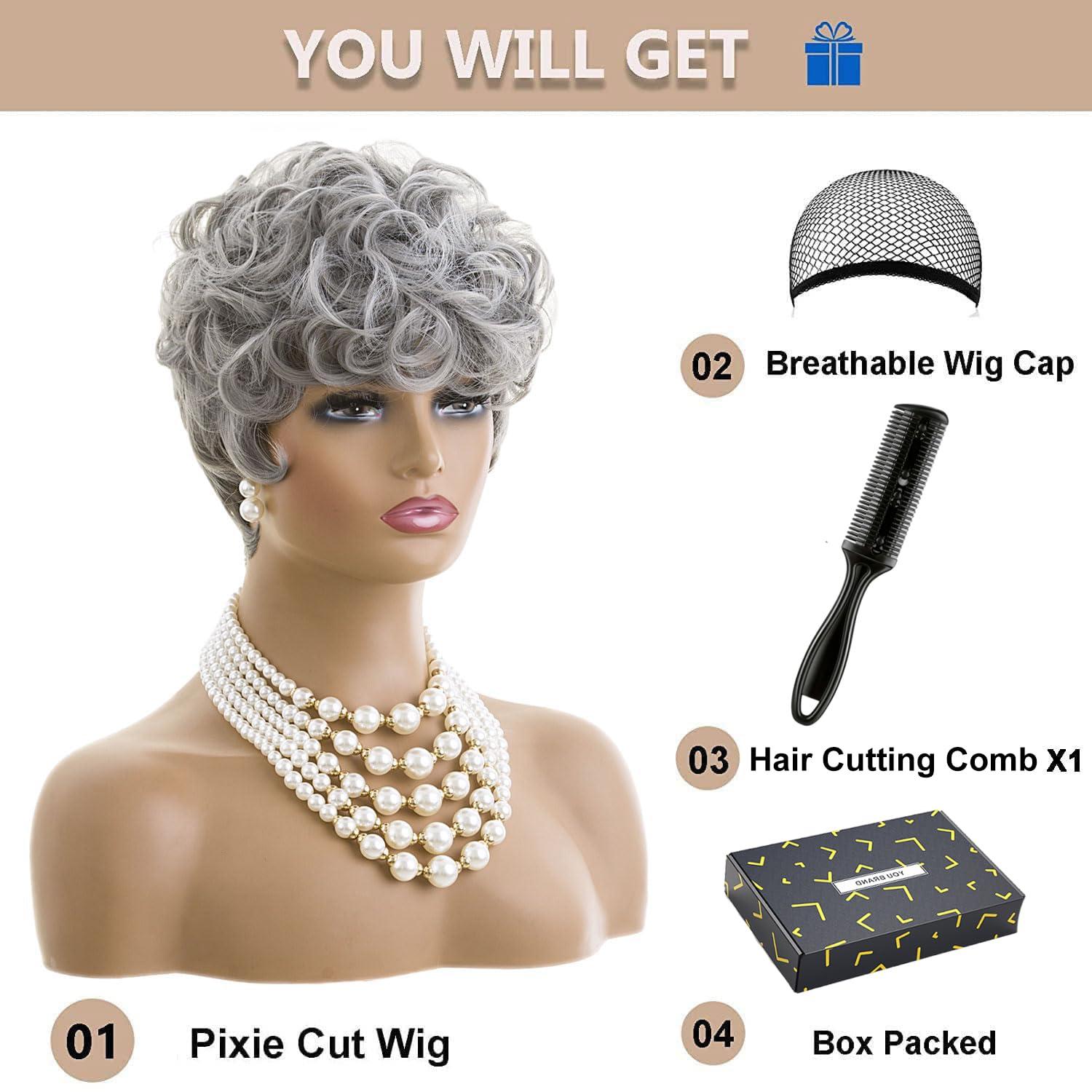 MOONSHOW MOONSHOW Grey Pixie Cut Wig Short Grey Wigs for Black Women Pixie Cut Wig Short Pixie Gray Wigs for Blcak Women Synthetic Pixie Wig Natural Wavy Short Curly Gray Pixie Cut Wigs for Old Women(Grey)