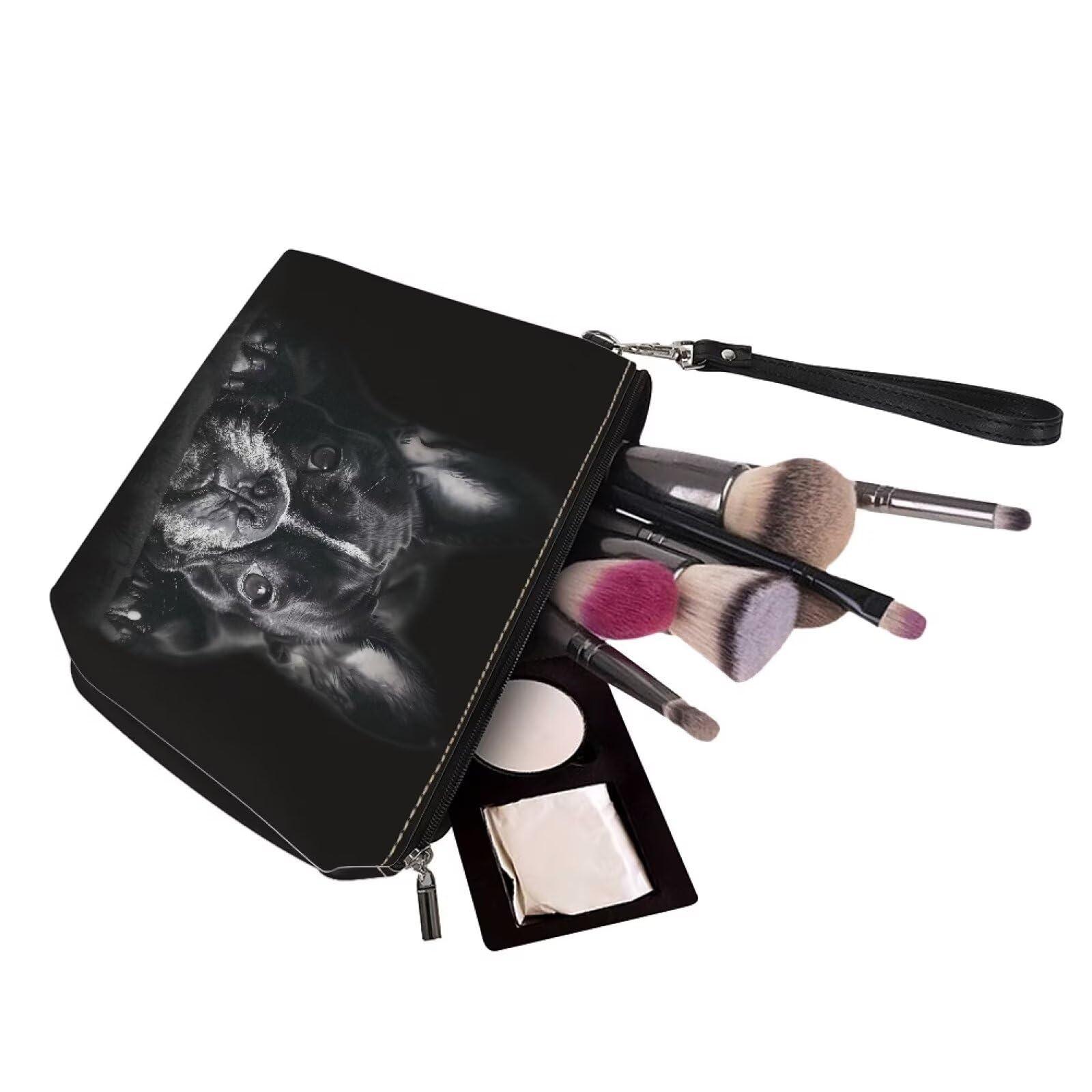 HUGS IDEA HUGS IDEA Black French Bulldog Print Leather Makeup Bag for Purse Makeup Pouch with Zipper Cute Toiletry Storage Bag Small Pouch Gift