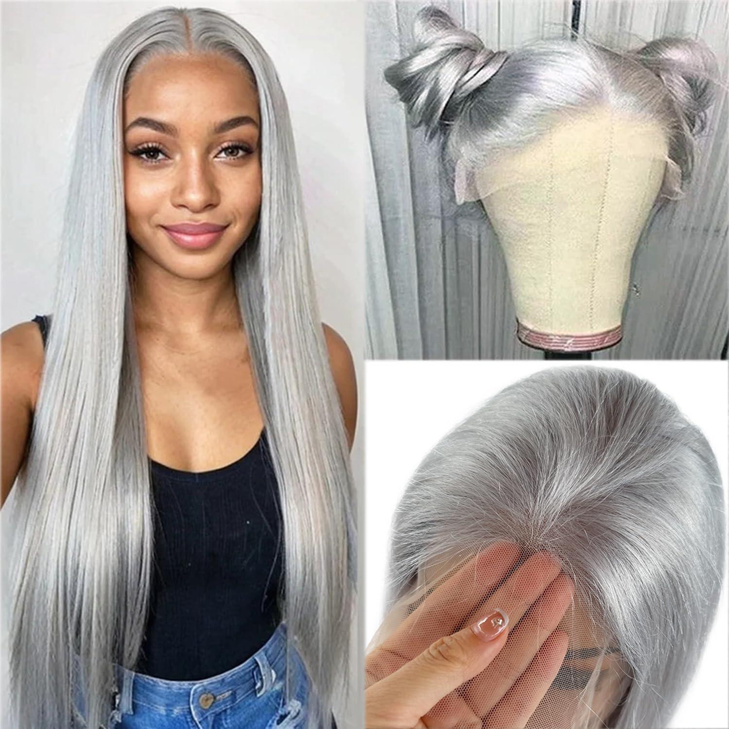 Benafee Grey Lace Front Wigs Human Hair 13x4 HD Transparent Lace Front Wigs for Black Women 32 Inch Gray Color Straight Human Hair Lace Frontal Wigs Pre Plucked with Baby Hair True 180% Density Glueless Wig