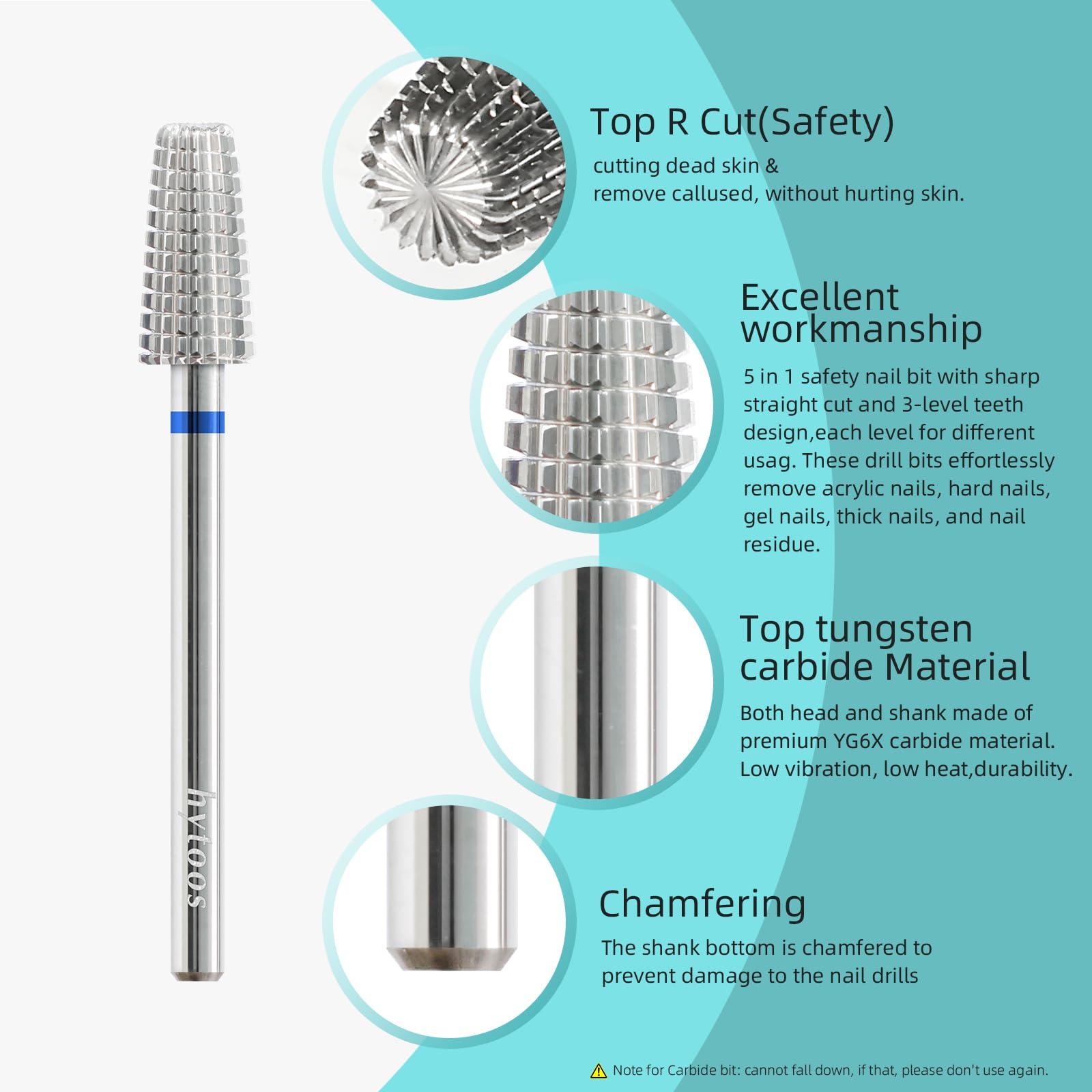 hytoos HYTOOS Mini 5 in 1 Nail Drill Bit, 10mm Tapered Drill Bits for Nails, 3/32\" Two-way Professional Safety Carbide Nail Bits, Electric Manicure Acrylic Gel Polish Cuticle Clean Removal Tool, Medium