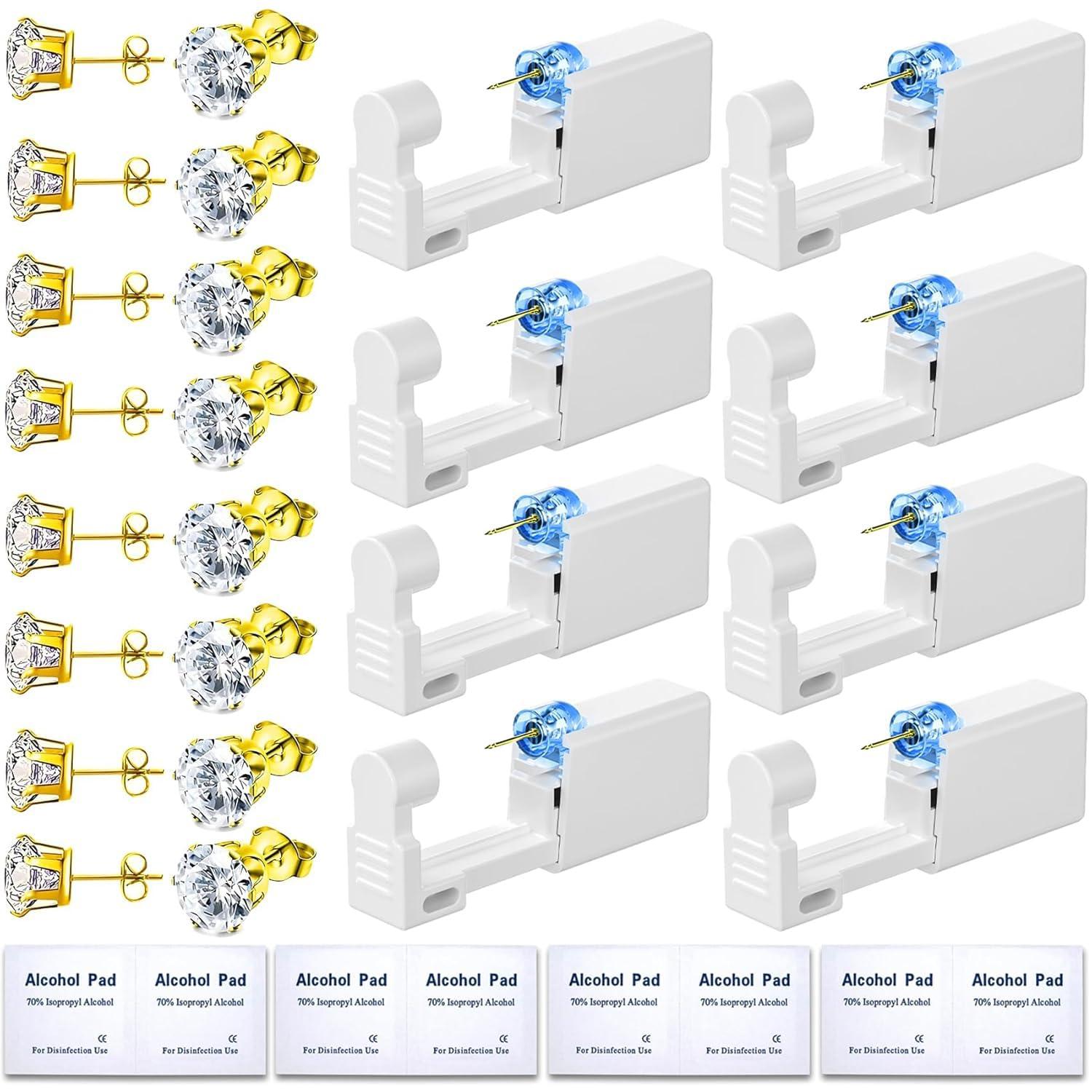 Novopiercing 24 Pcs Ear Piercing Kit Disposable Ear Piercing Gun Kit with 8 Pcs Gold-Plated CZ Earrings Stud 8 Pcs Self Piercing Gun and 8 Pcs Cleaning Pads