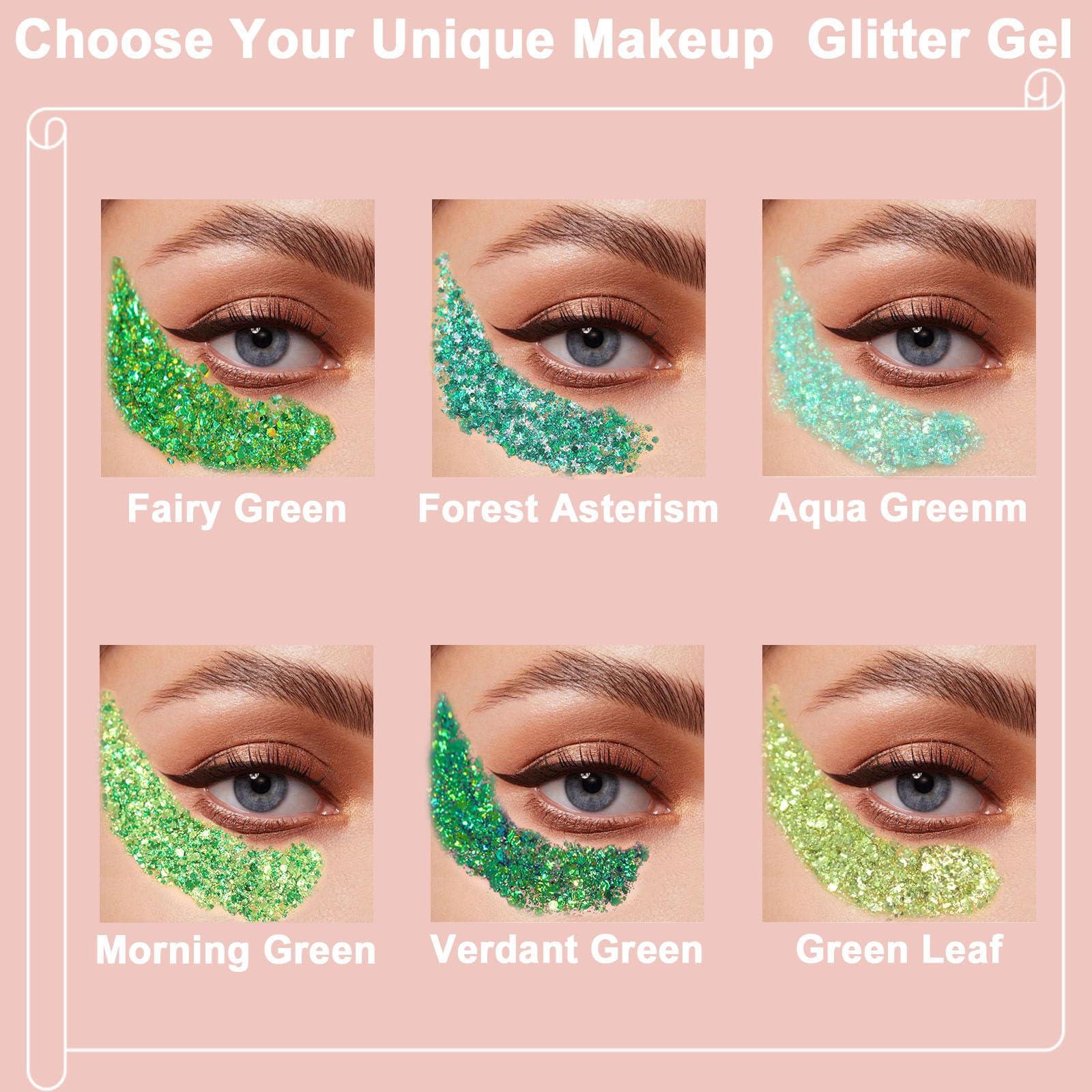 Boko Boko 50ML Body Glitter Gel, Green Mardi Gras Mermaid Chunky Glitter Gel for Face Hair Body Makeup, Cosmetic Face Glitter Sequins for Mardi Gras Coachella Party Concert St Patricks Rave Accessories