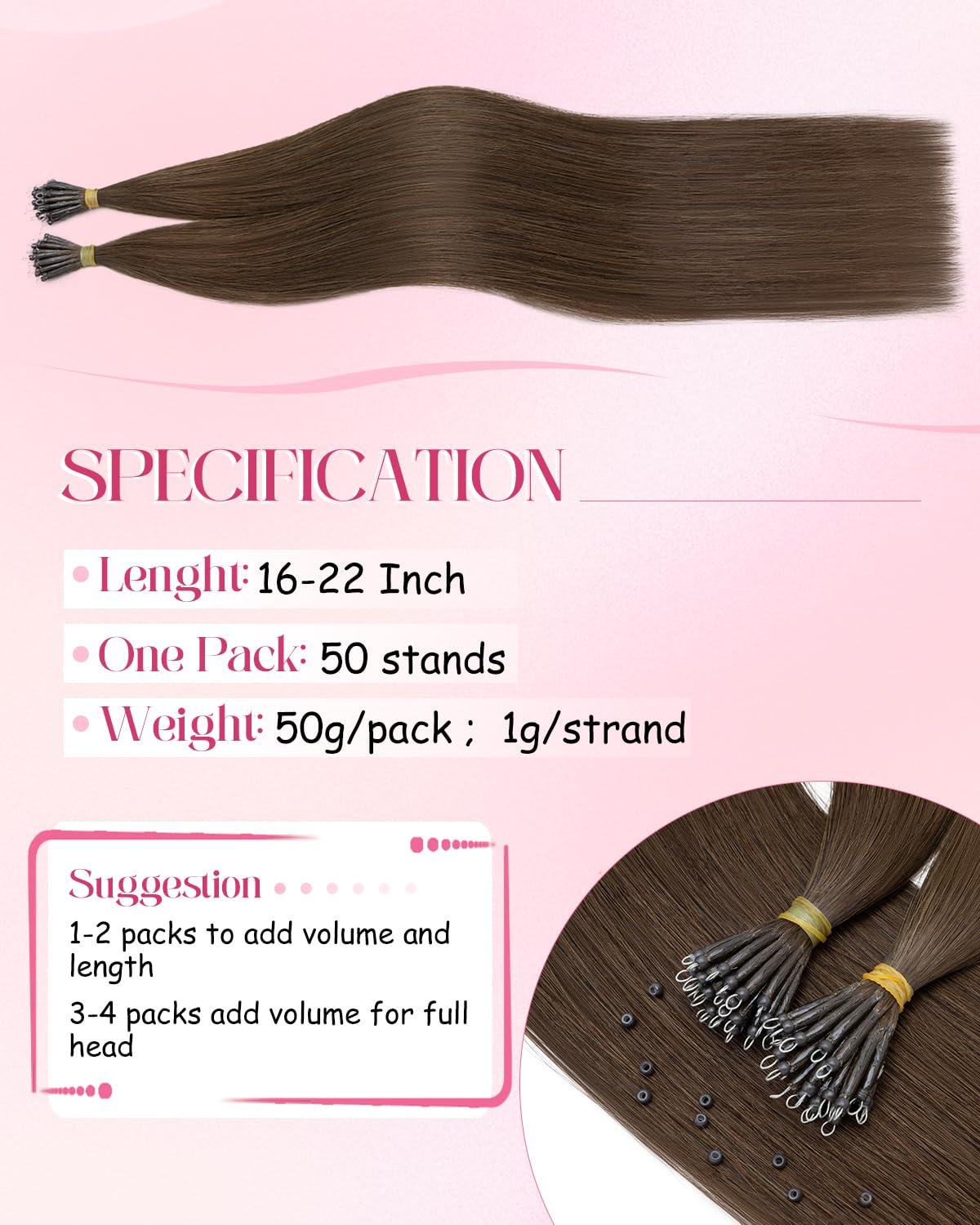 Benehair Benehair Nano Tip Hair Extensions Remy Human Hair Dark Brown Nano Ring Hair Extensions Real Human Hair 16 Inch Straight Brown Nano Bead Hair Extensions Human Hair 50G
