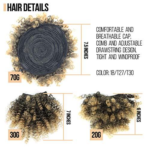 UAmy hair Afro Puff Bun with 2 Replaceable Bangs for Natural Hair Afro High Puff Drawstring Ponytail with Afro Puff Bangs and Spring Curl Bangs Clip in Short Afro Kinky Curly Pineapple Hairstyle for Black Women