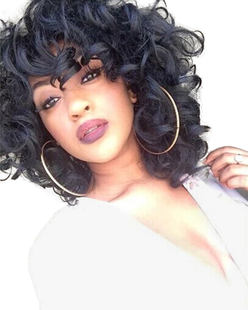 ELIM ELIM Curly Wigs for Black Women Short Kinky Curly Black Wigs for Women Big Curly Afro Soft Wig with Bangs Heat Resistant Natural Cute Synthetic Wig with Accessories Z014