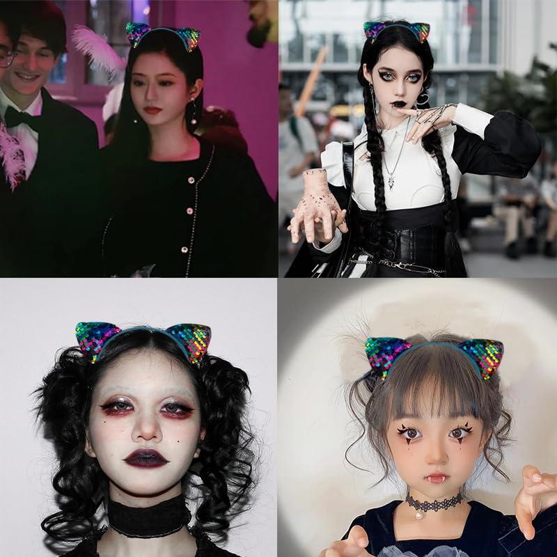 yaozeio yaozeio Halloween Bling Rainbow Hair Band Glitter Sequin Cat Ears Headbands Reversible Sequin Fabric Hair Band No Slip Elastic Head Bands Halloween Hair Accessries for Girls Women 2pcs