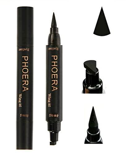 Phoera Phoera 2 in 1 Wing Cat Eye Liner + Stamp Winged Long Lasting Liquid Eye Liner Waterproof & Smudge proof Makeup Black Eyeliner Pen Winged Eyeliner Pencil - AQUAPURITY (THICK STAMP EYELINER)