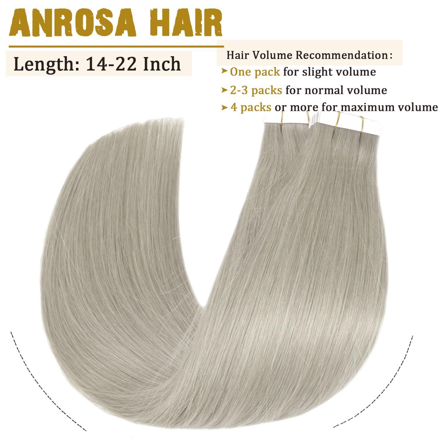 Anrosa Anrosa Invisible Tape in Hair Extensions Human Hair Straight Remy Real Human Hair Extensions Virgin Human Hair Extensions Tape in Grey 14 Inch 50g 20pcs