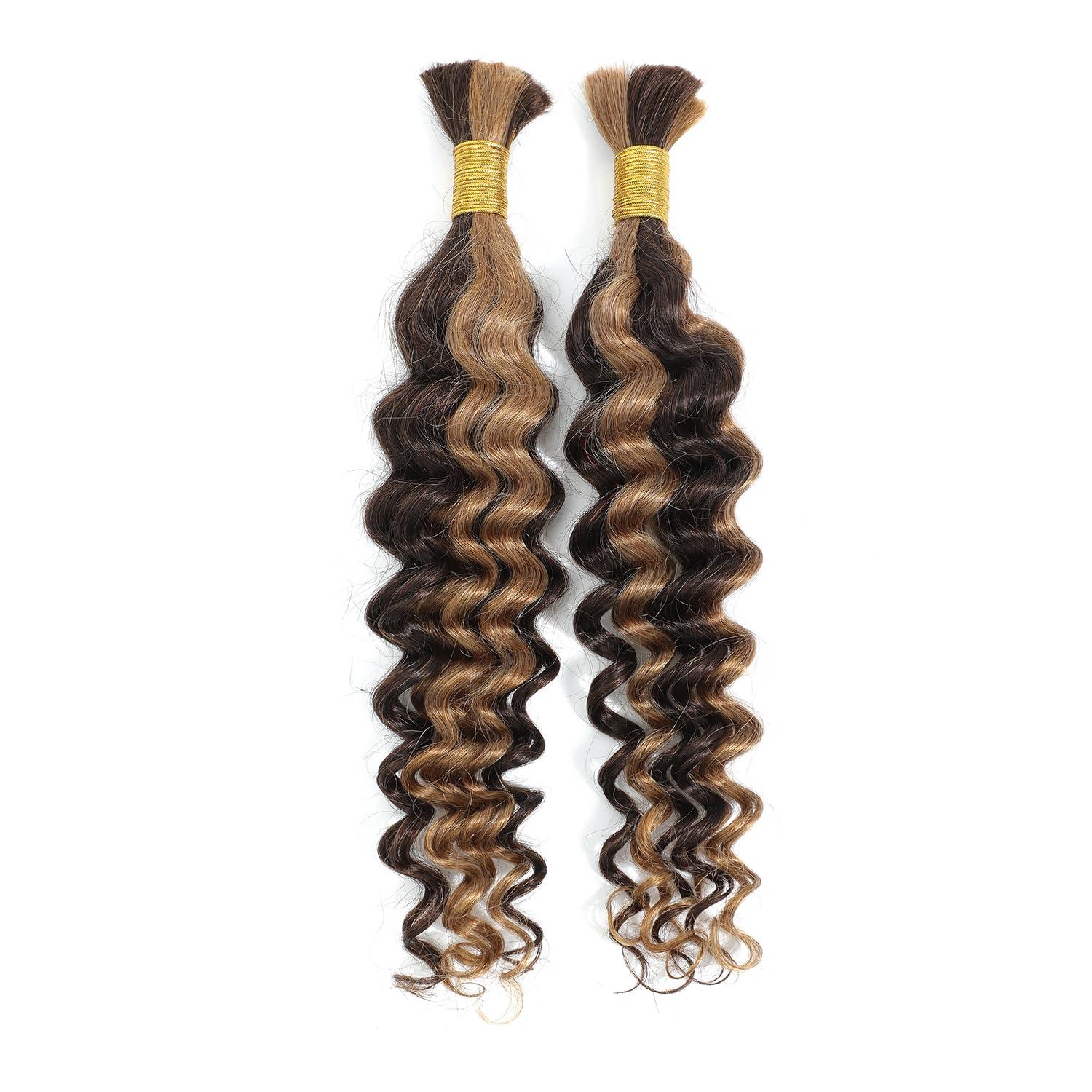 PECWU Deep Wave Bulk Human Hair for Braiding 100 Percent Human Braiding Hair for Boho Braids Unprocessed Virgin Hair Highlight 4/27 Wet and Wavy Braiding Hair No Weft Boho Knotless Braid 1bundle/50g (18\")