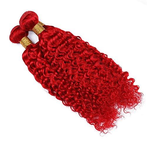 Generic Bright Red Deep Wave Human Hair Weave Bundles Red Color Brazilian Wavy Human Hair Extensions Pure Red Deep Wave Curly Virgin Hair 3 Bundle Deals Mixed Length (10 10 10)