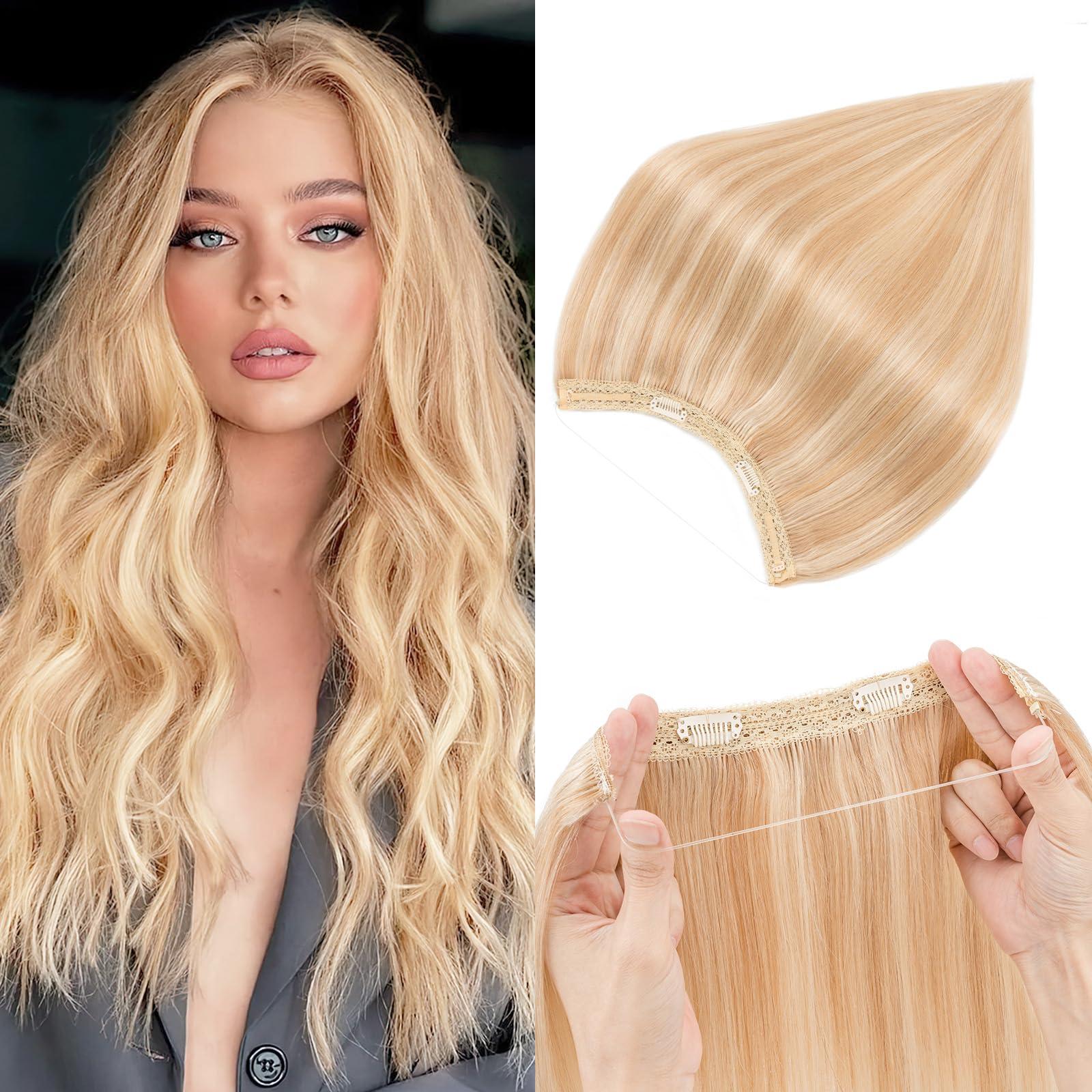 prokyvity Halo Hair Extensions Real Human Hair,Prokyvity Halo Hair Extension 100% Human Hair,Halo Extensions Real Human Hair,Human Hair Halo Extensions,18P613 Gold Blonde Mixed Bleach Blonde 16inch