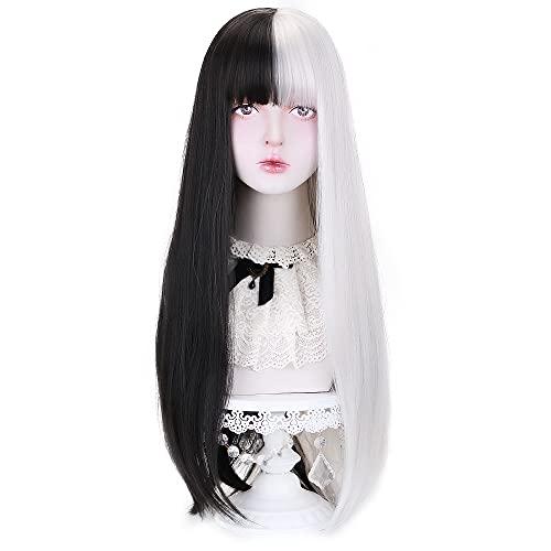 Styler Styler Half Black Half White Wig with Bangs, Long Straight Anime Cosplay Wig for Women, Heat Resistant Synthetic Halloween Hair Wigs