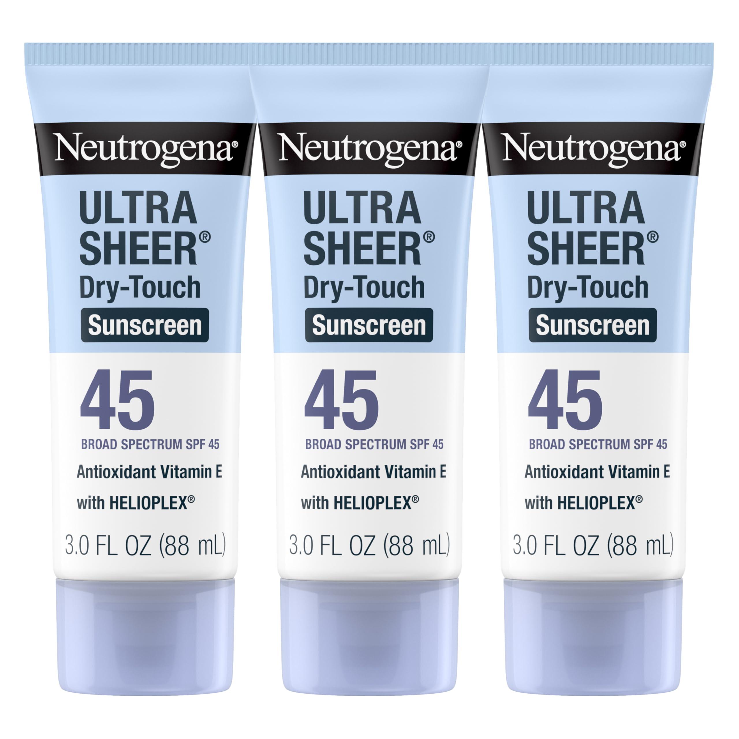 Neutrogena Neutrogena Ultra Sheer Dry-Touch Sunscreen Lotion, Broad Spectrum SPF 45 UVA/UVB Protection, Lightweight Water Resistant, Non-Comedogenic & Non-Greasy, Travel Size, 3 fl. oz (Pack of 3)