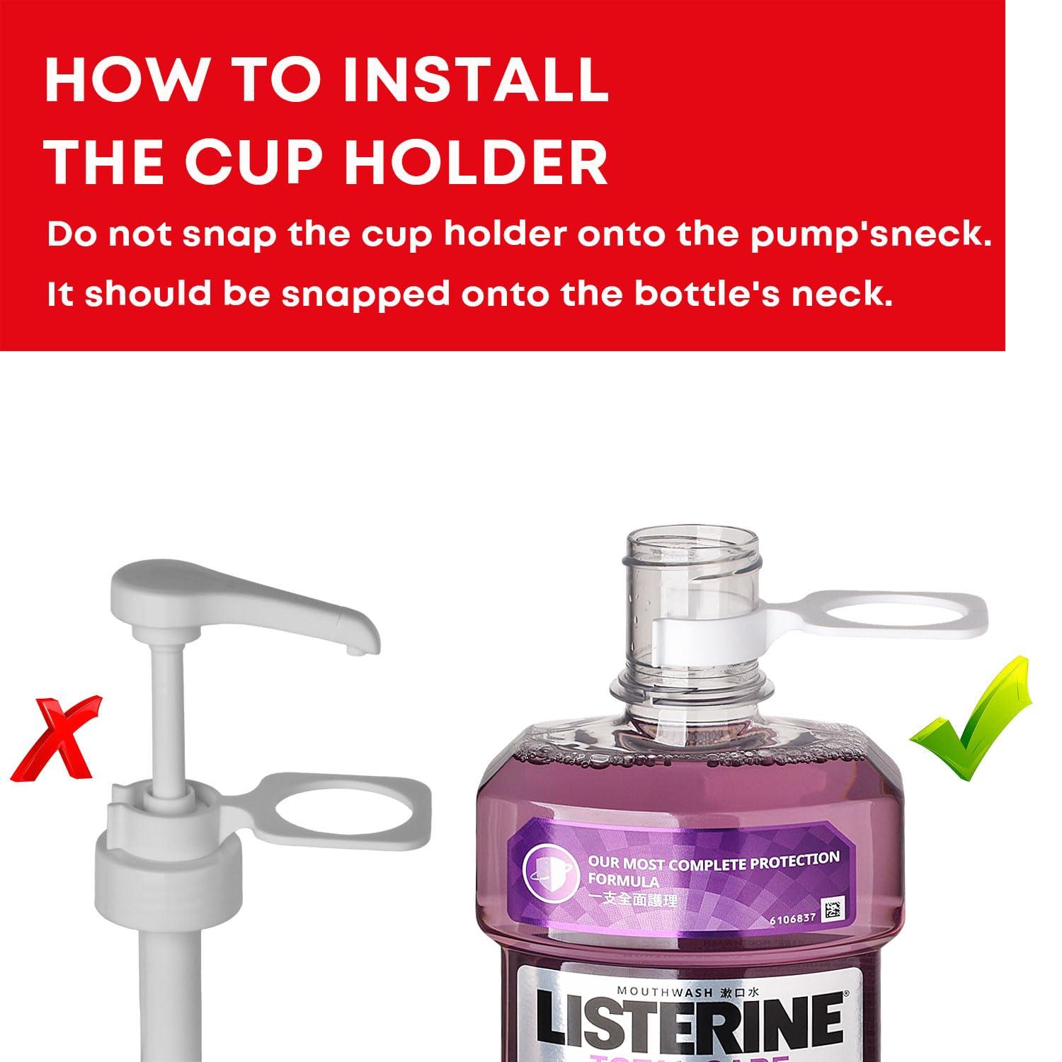 onsogi Dispenser Pumps for Listerine 1 or 1.5 Liter Mouthwash Bottles with Cup Holders, Resuable Cups and Clear Plastic Paper Cup Dispenser - Fits Total Care, Original, Zero Alcohol, Cool Mint, etc