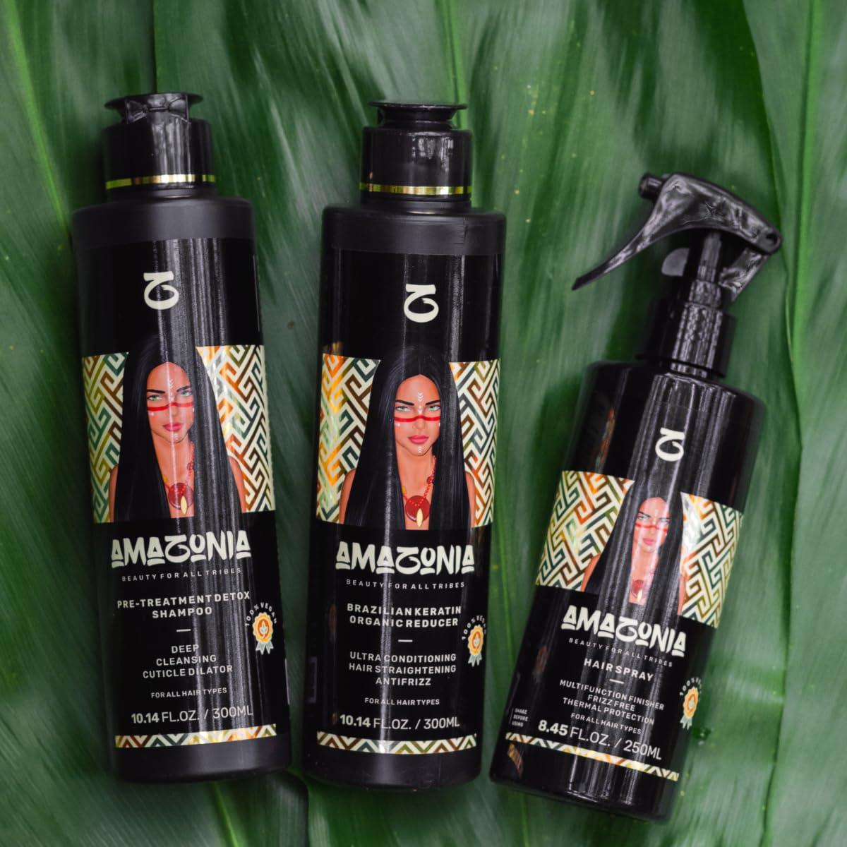 AMAZONIA BEAUTY FOR ALL TRIBES Organic Brazilian Keratin Hair Treatment Kit | Beauty For All Tribes | 3 Products: Pre-Treatment Detox Shampoo | Keratin Reducer Straightening Anti-Frizz | Multifunction Finishing Spray