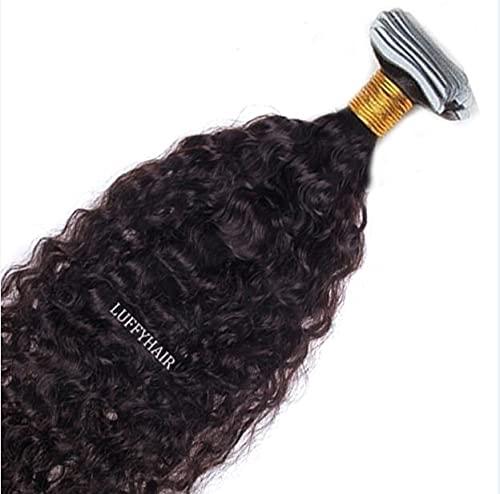 RJ HAIR Water Wave Tape in Hair Extensions 40 Pieces Full Head Brazilian Human Hair invisible Seamless Skin Weft (18inch 40Pieces, 1(Jet Black))