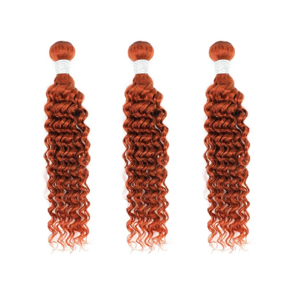 AUROO AUROO Ginger Bundles Human Hair 14 16 18 20 inch, Burnt Orange Deep Wave Human Hair Bundles Curly Ginger Hair 100% Virgin Remy Brazilian Weave Soft Thick 350 Ginger Wavy Bundles Human Hair Sew In