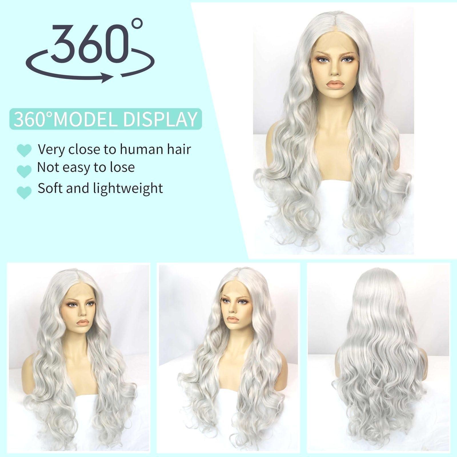 Ebingoo Ebingoo 26 Inch Silver Gray Lace Front Wig+Wig Cap Wavy Silver Wig for Women Curly Lace Front Wig Silver Princess Wig for Halloween Cosplay Women Daily Wear