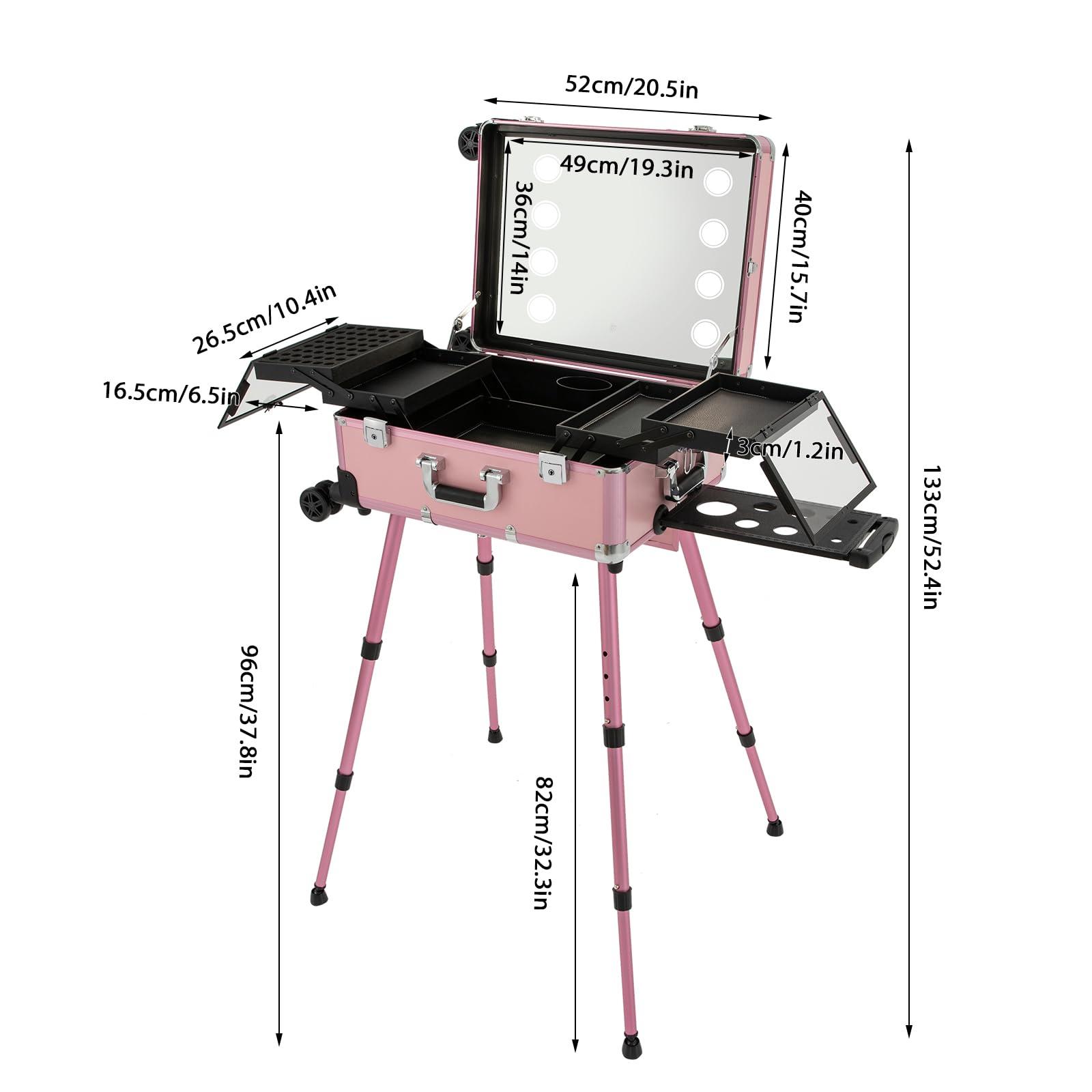 LEYSRIS Rolling Makeup Case Cosmetic Case with 8 LED Light, 3-Tier 110.23 lbs Adjustable Height Pink Trolley Makeup Train Case 12v Professional Makeup Case for Nail Tech Hairstylist Barber