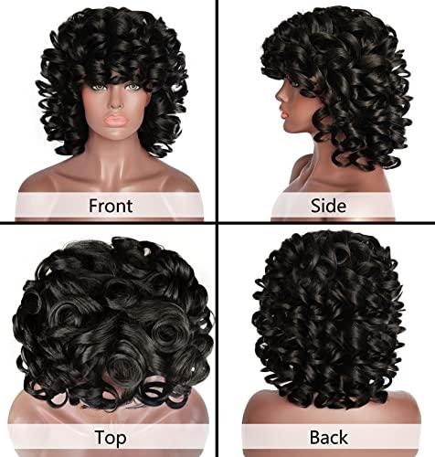 ELIM ELIM Curly Wigs for Black Women Short Kinky Curly Black Wigs for Women Big Curly Afro Soft Wig with Bangs Heat Resistant Natural Cute Synthetic Wig with Accessories Z014