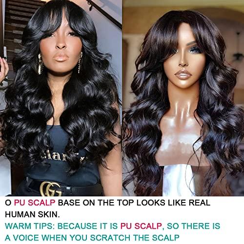 RHEANNA RHEANNA Bang Wig Human Hair 180 Density Brazilian Wavy Wig With Bangs For Black Women O Scalp Top Full Machine Made Wig 18inch