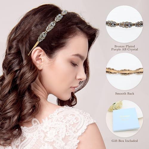 Oriamour Oriamour Flower Design Rhinestone Crystal Wedding Headband Bridal Headpieces Simple Design Bridal Headband (Bronze Purple AB)