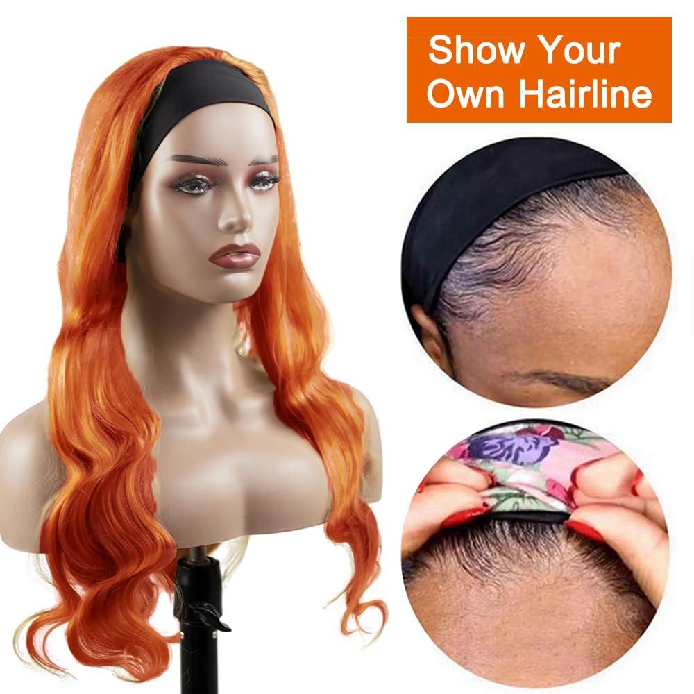 MavKuvx 26 Inch #350 Orange Headband Wig Human Hair 150% Density Machine Made Headband Wig Body Wave Ginger Headband Wig Human Hair Glueless None Lace Wig For Black Women Brazilian Virgin Hair
