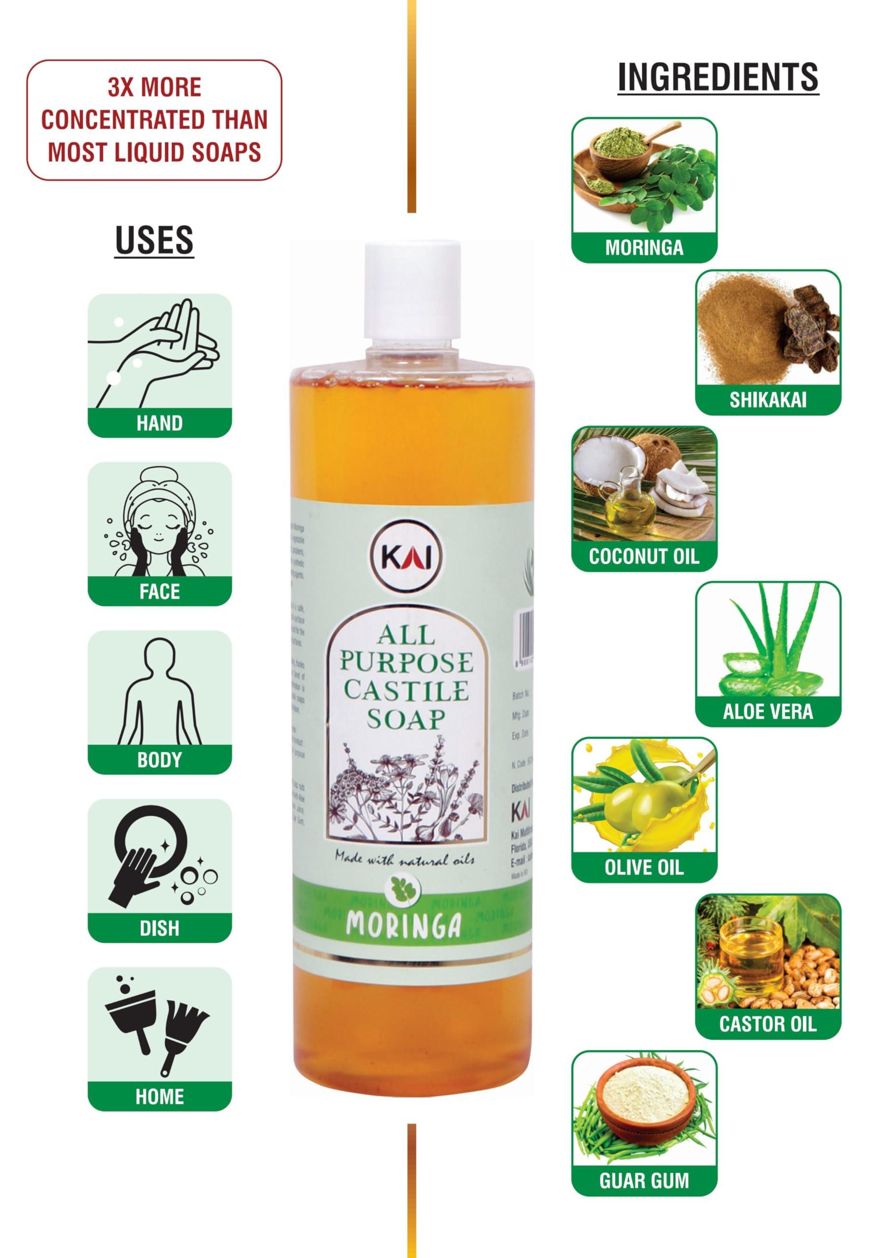 NinthAvenue Basics Kai All Purpose Pure Castile Soap | Natural and Multi-Surface Liquid Soap | Organic Soap for Face, Body, Hand, and Hair | Used for Dishes, Pets, Laundry, and Mopping | Moringa - 32 Fl Oz - 3 Pack