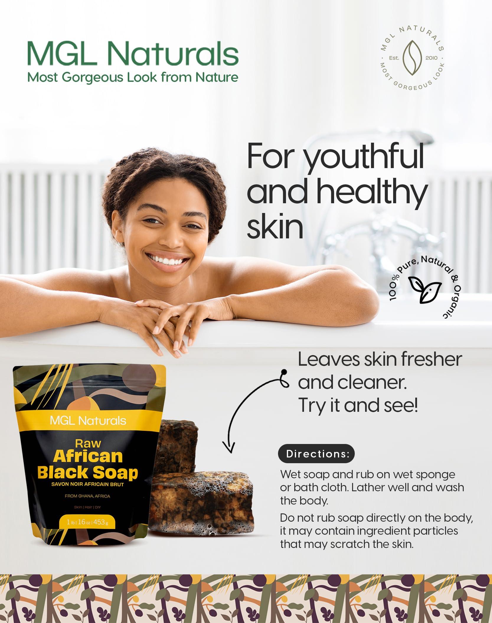 MGL Naturals MGL Naturals Best Organic African Black Soap, 1 lb, For Acne, Eczema, Dark spots, Rashes & Blemish from Ghana, Africa. Face and body deep cleanse wash. For skin conditions (1 lb)