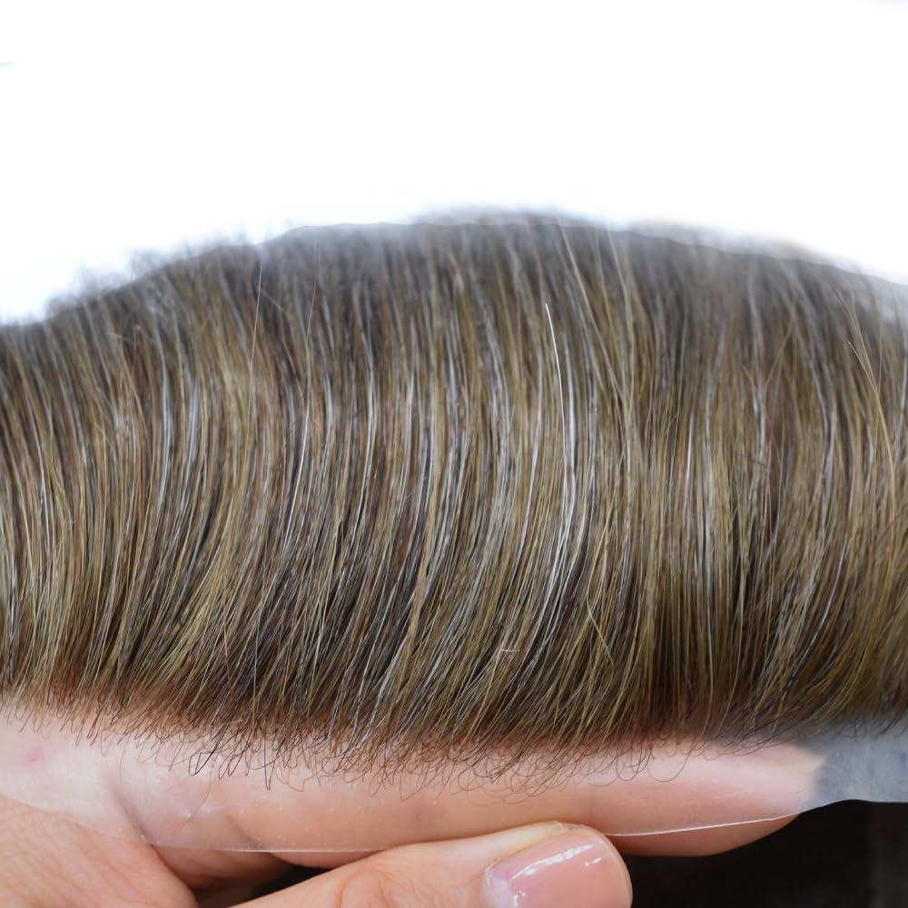 Curve Hair Toupee for men hair replacement System French Lace Mens Toupee Hairpieces Clear Poly Skin Hair Piece Unit wigs for men brown gray 7\"X9\",#510 Light-Med Brown+10% Gray-120% Medium Light to Medium