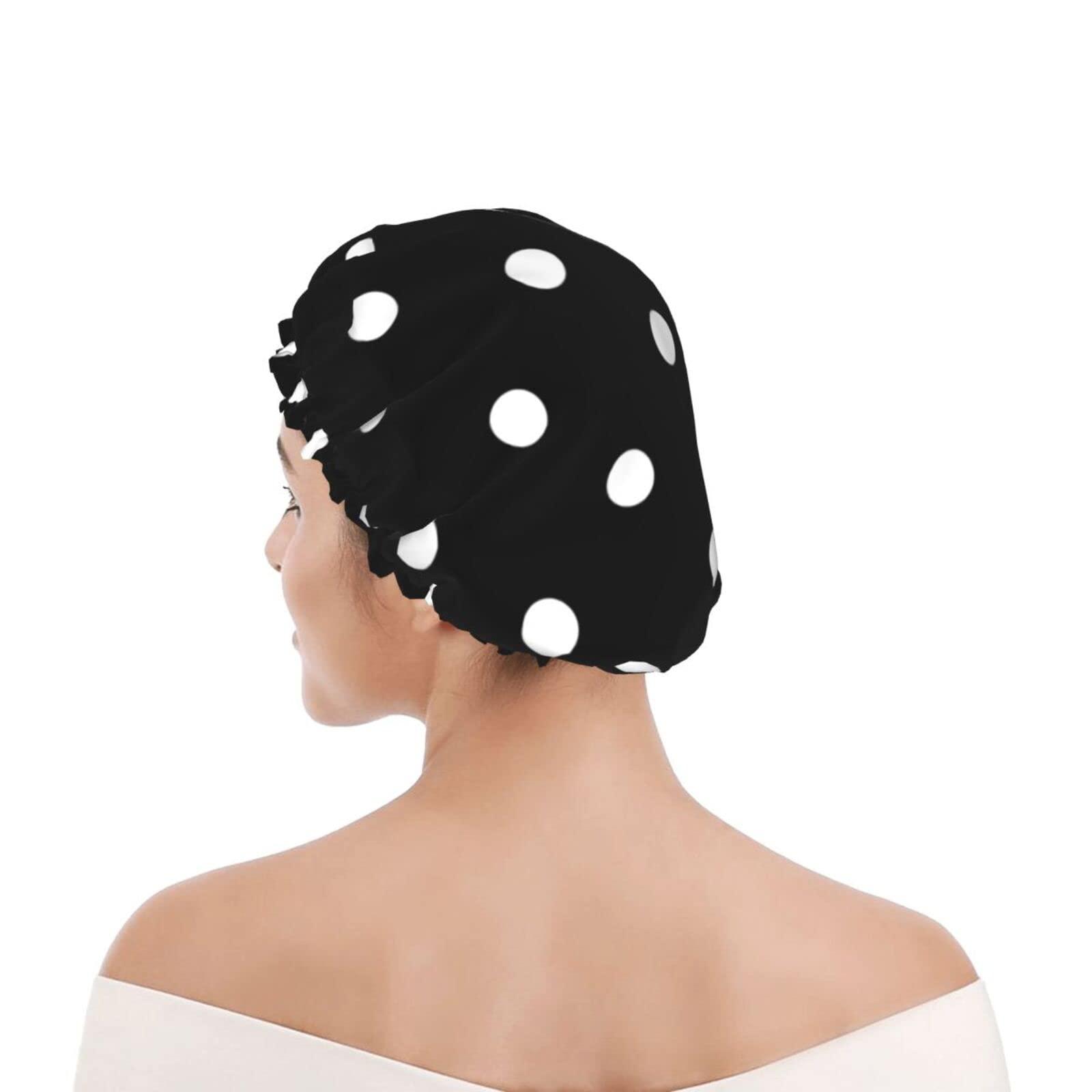 IDNUYIA White Dots Shower Cap For Women, Layers Bathing Shower Reusable Elastic Band Stretch Hem Hair Hat