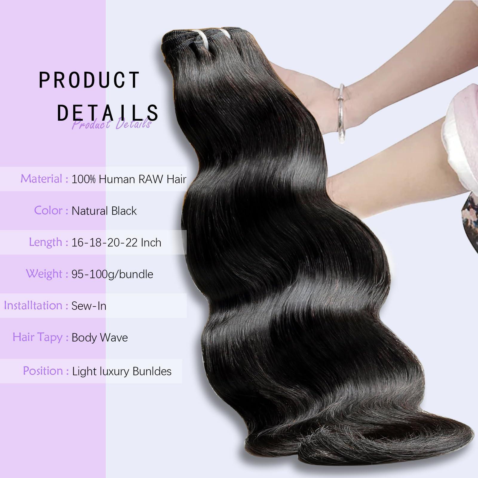 HAIRHOBBY RAW Body Wave Bundles Human Hair, 16 18 20 Inch Virgin Hair Bundles 100% Unprocessed Indian Wavy Bundles Hair Extensions 3 Loose Wave Bundles Natural Black, Triple Lifespan Than Regular Virgin Hair