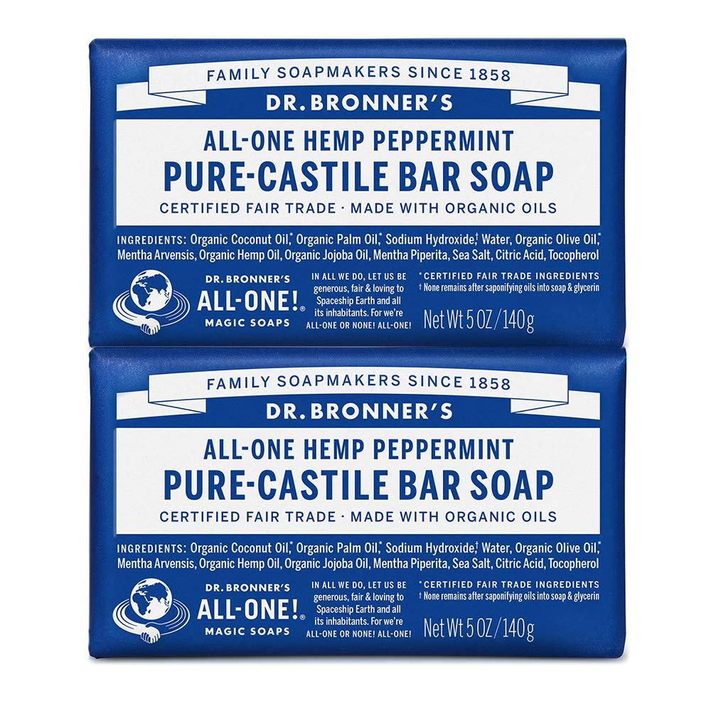 Dr. Bronner's Dr. Bronner’s - Pure-Castile Bar Soap (Peppermint, 5 ounce, 2-Pack) - Made with Organic Oils, For Face, Body and Hair, Gentle and Moisturizing, Biodegradable, Vegan, Cruelty-free, Non-GMO
