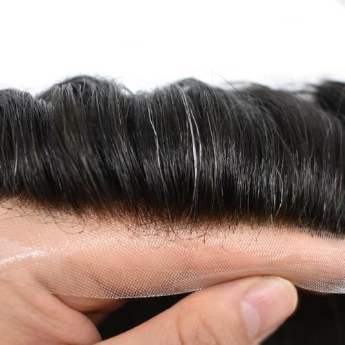 Healthlif Healthlif Fine Welded Lace Hair Toupee For Men Virgin Human Hair System For Men Real Hairline Men's Toupee Durable Mens Hairpiece Protesis Capilar Hombre 8X10#1B10#1B Off Black+10% Grey 100% Density