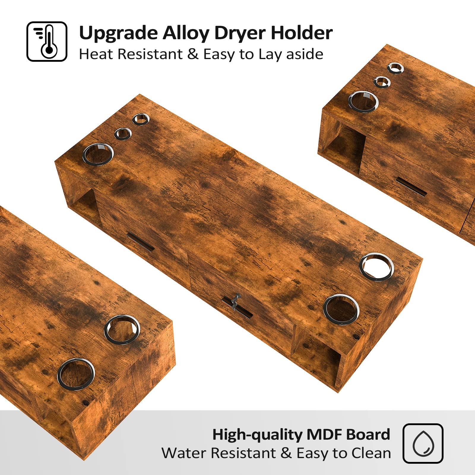 Leadzm Leadzm Wall Mount Styling Station for Hair Stylist,Beauty Barber Spa Equipment,Salon Cabinet Station with Locking Drawers,Bathroom Dresser with 5 Hair Dryer Holders, Rustic Brown