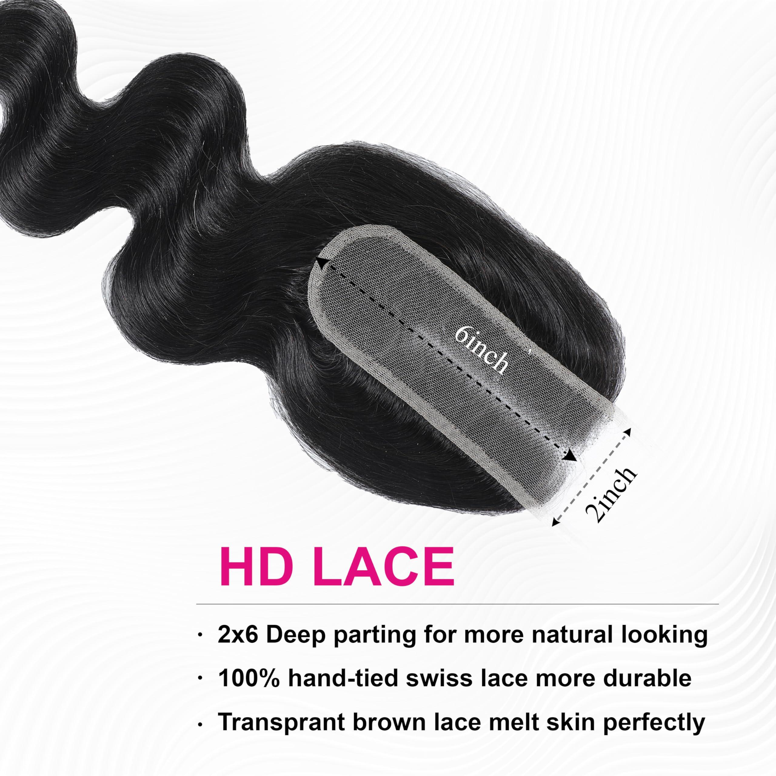 MOMOSHERO MOMOSHERO 2x6 HD Lace Closure Only 20 Inch Body Wave Human Hair, Pre Plucked Closure Sew In 2 by 6 Lace Closure Middle Part 100% Brazilian Virgin Human Hair Unprocessed 2x6 Kim K Closure Natural Black