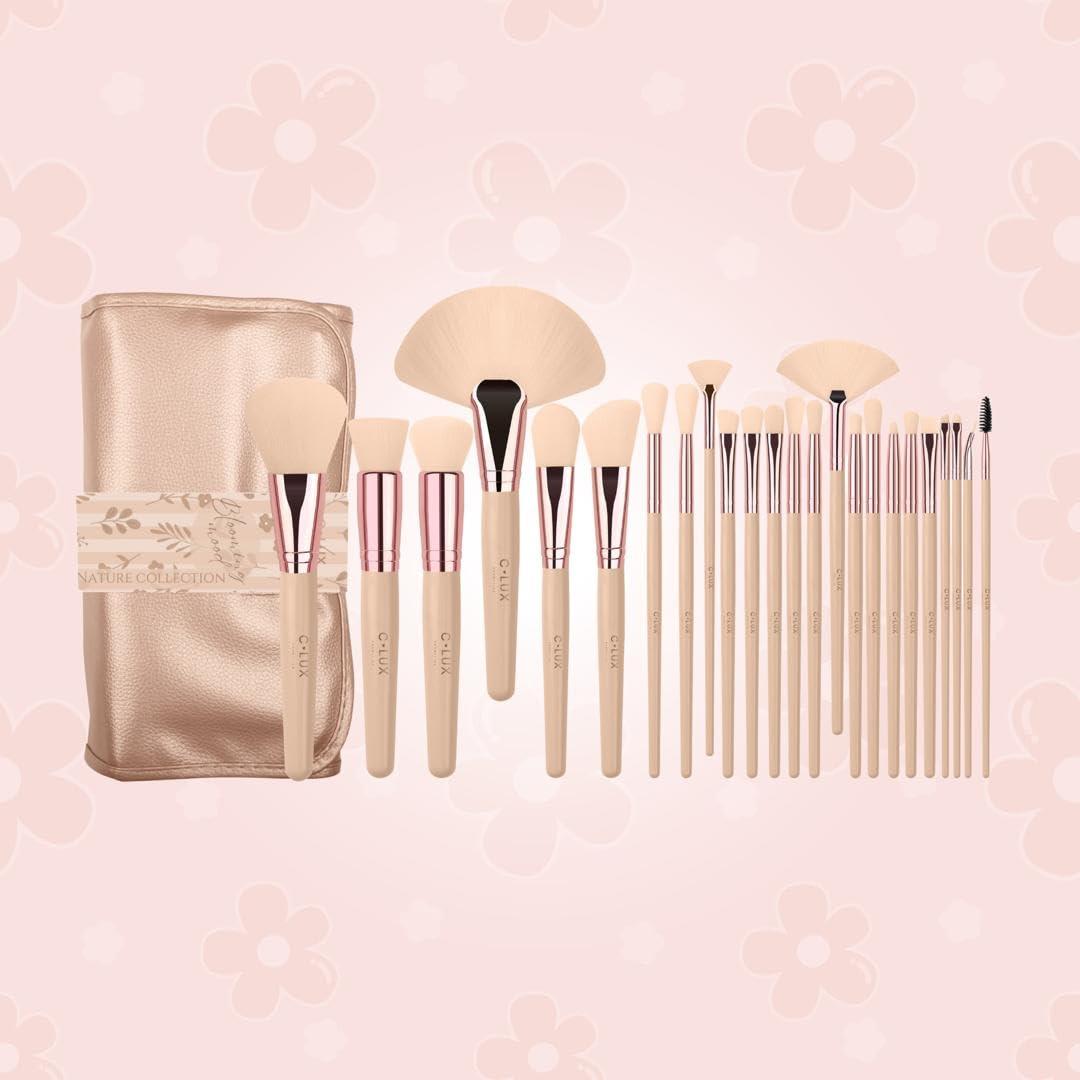C-LUX Blooming Mood 24-Piece Makeup Brush Set - Natural Beige Design, Soft Synthetic Bristles, Complete Face and Eye Brush Kit with Elegant Roll-Up Pouch - Ideal for Beginners, Professionals & Gift Giving