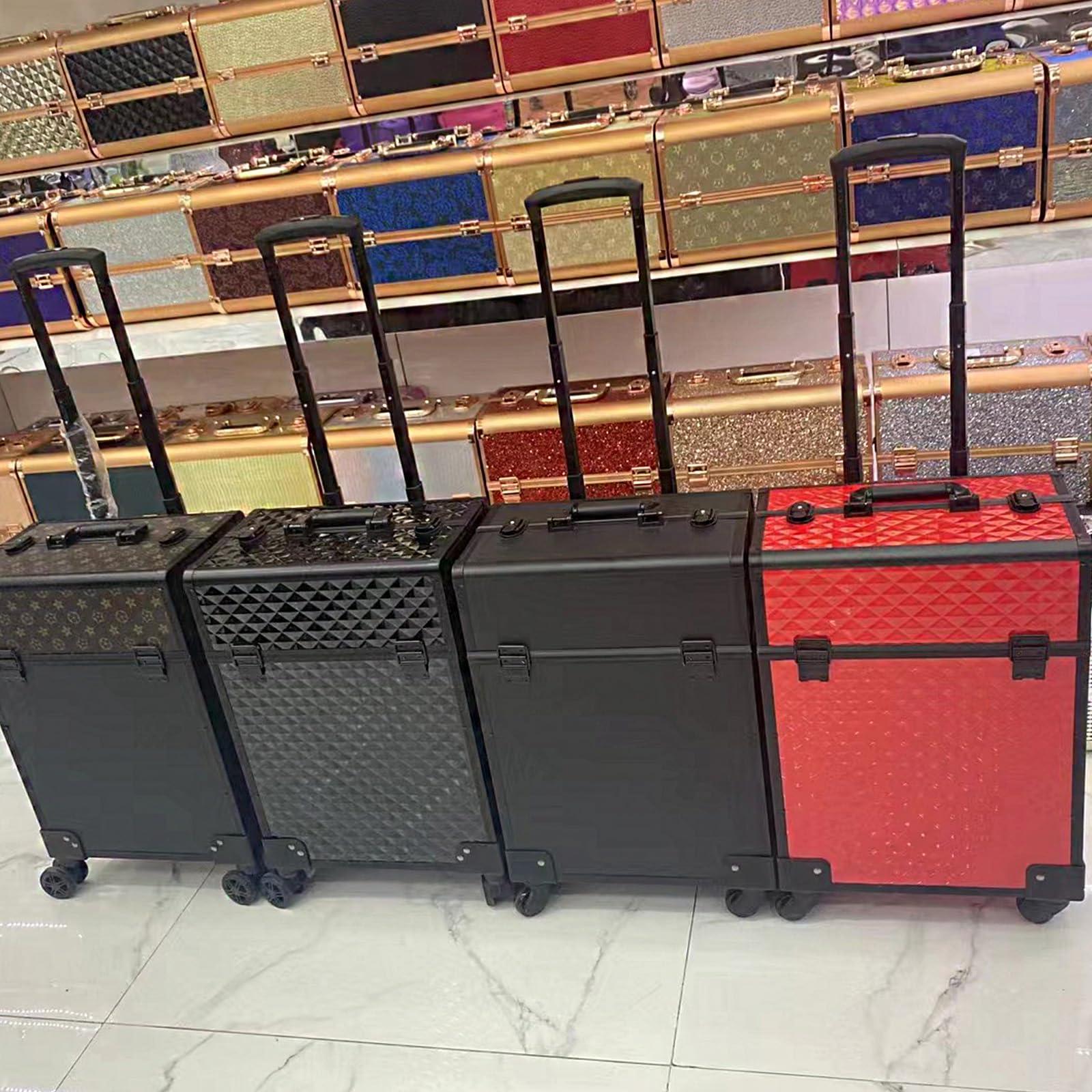 AXHNG Professional Makeup Train Case, Aluminum Cosmetic Case, Rolling Makeup Train Case with Large Drawer with 360 Swivel Wheels and Multi-Layer Storage Provide Life Convenience (H,14.43*8.97*19.11in)