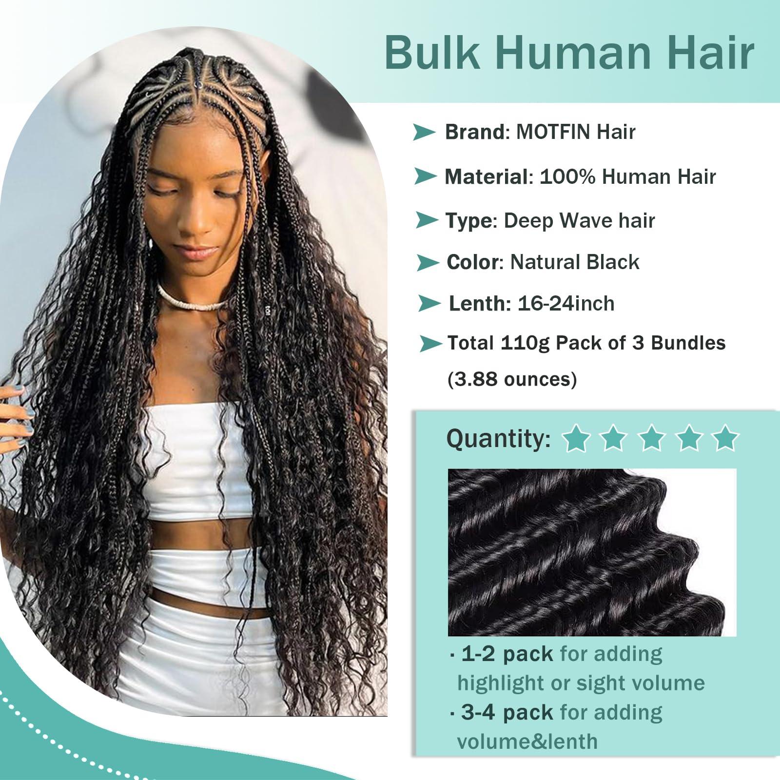 MOTFIN Human Braiding Hair for Boho Braids Human Hair Braiding Hair 110g 18 Inch Curly Boho Hair for Braiding Knotless 12A Deep Wave Bulk Human Hair for Braiding Bohemian 3 Bundles/Pack Natural Color
