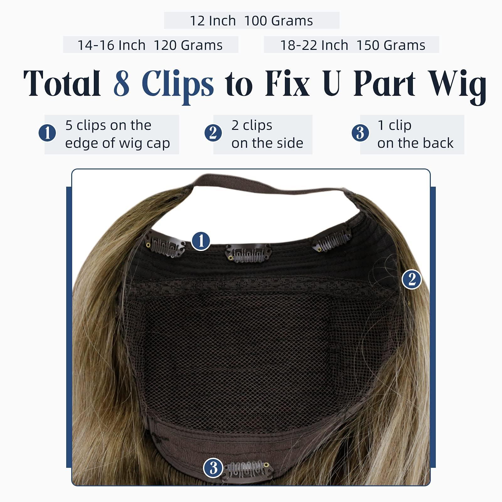 Full Shine Full Shine U Part Human Hair Wigs Half Wig With Clip Ins Middle Part Remy Hair U Part Wigs Ombre Balayage Brown with Blonde Human Hair Wigs 150Grams 20Inch