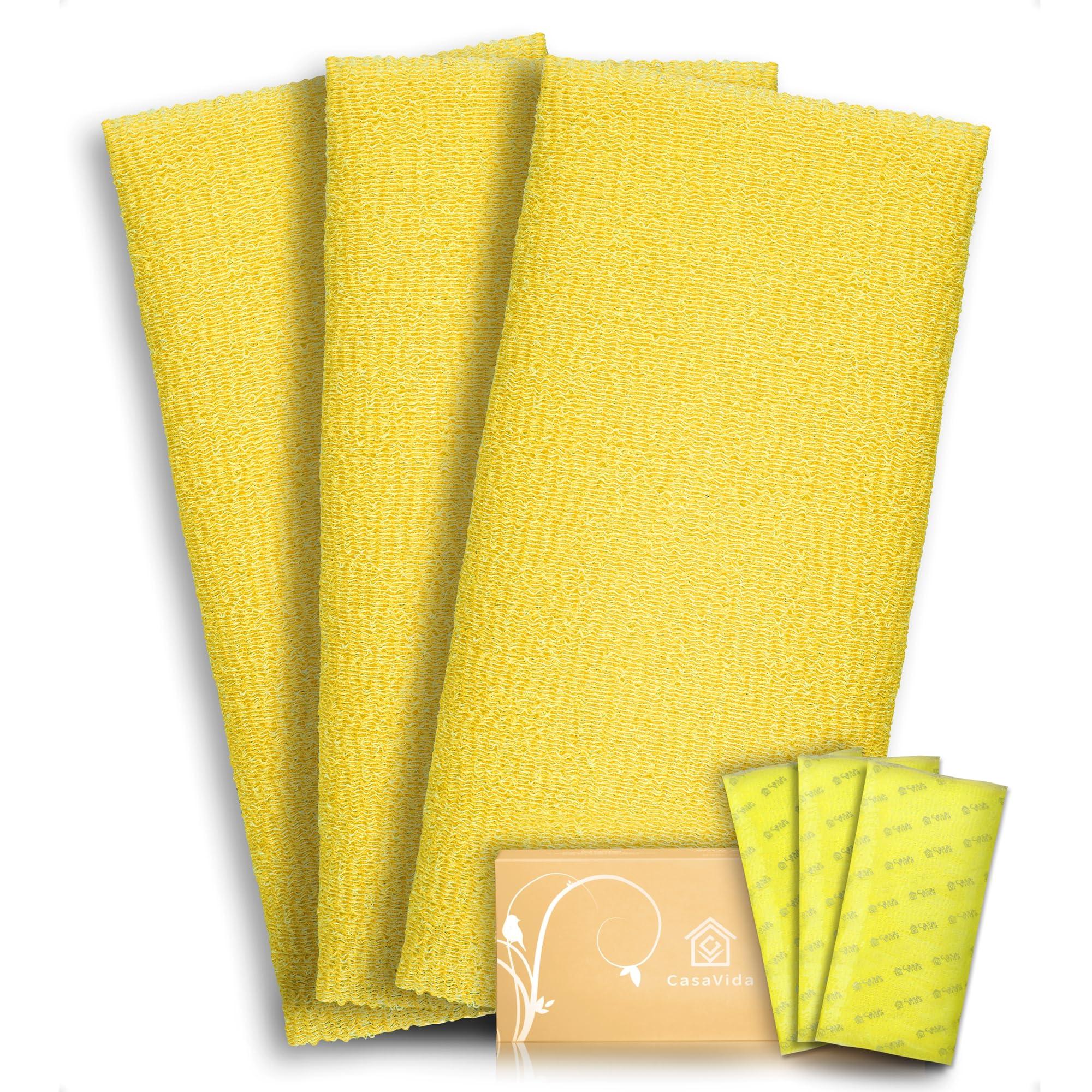 CASAVIDA CasaVida Exfoliating Washcloth Back Scrubber for Shower Exfoliating Body Scrubber Japanese Beauty Washcloth African Net Sponge Bath Korean Loofah Towel Wash Cloth Scrub Towel 3 Pack (Yellow x 3)