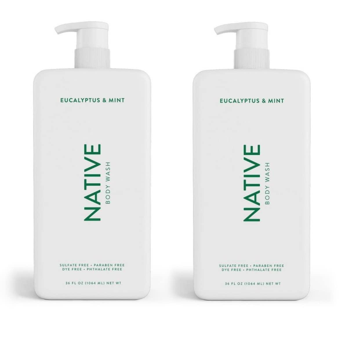 Native Native Body Wash for Women, Men | Sulfate Free, Paraben Free, Dye Free, with Naturally Derived Clean Ingredients, 36 oz bottle with pump- 2 Pack (Eucalyptus & Mint), 72.0 Fl Oz