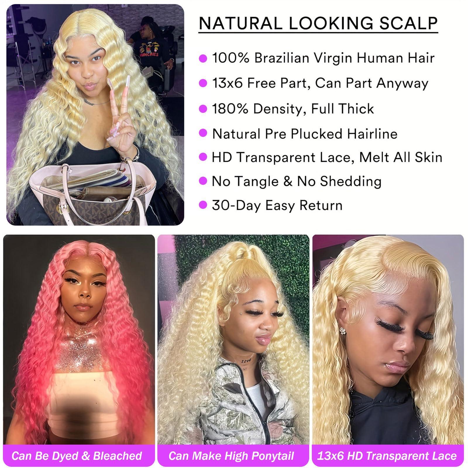 MARUOL MARUOL 26 Inch 613 Deep Wave Lace Front Wig Human Hair 13X6 Blonde HD Lace Front Wigs Human Hair Pre Plucked 180% Density Curly Human Hair Glueless Wig Water Wave Frontal Wigs for Women with Baby Hair