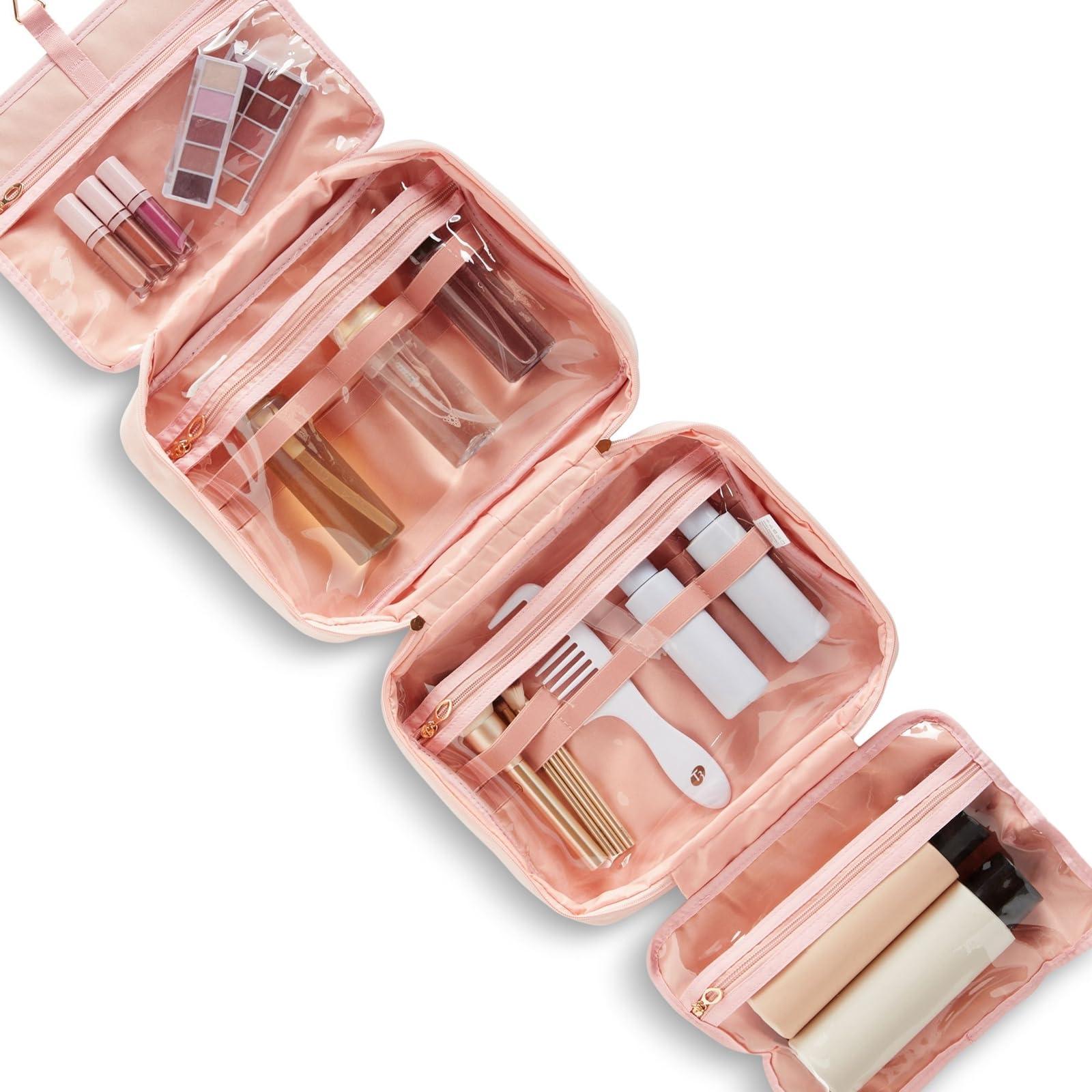 Glamlily Glamlily Large Roll Up Hanging Toiletry Bag For Women, Pastel Pink Makeup Travel Organizer with S Hook for Cosmetics, Hair Accessories, Razors (13x4.5x9.75 In)