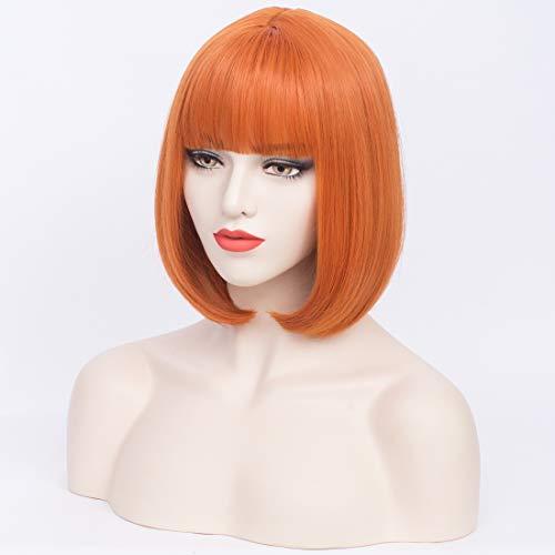 PATTNIUM PATTNIUM 12 Inches Orange Bob Wig Short Orange Wig with Bangs for Women and Girls Heat Resistant Synthetic Bob Wig (Orange)
