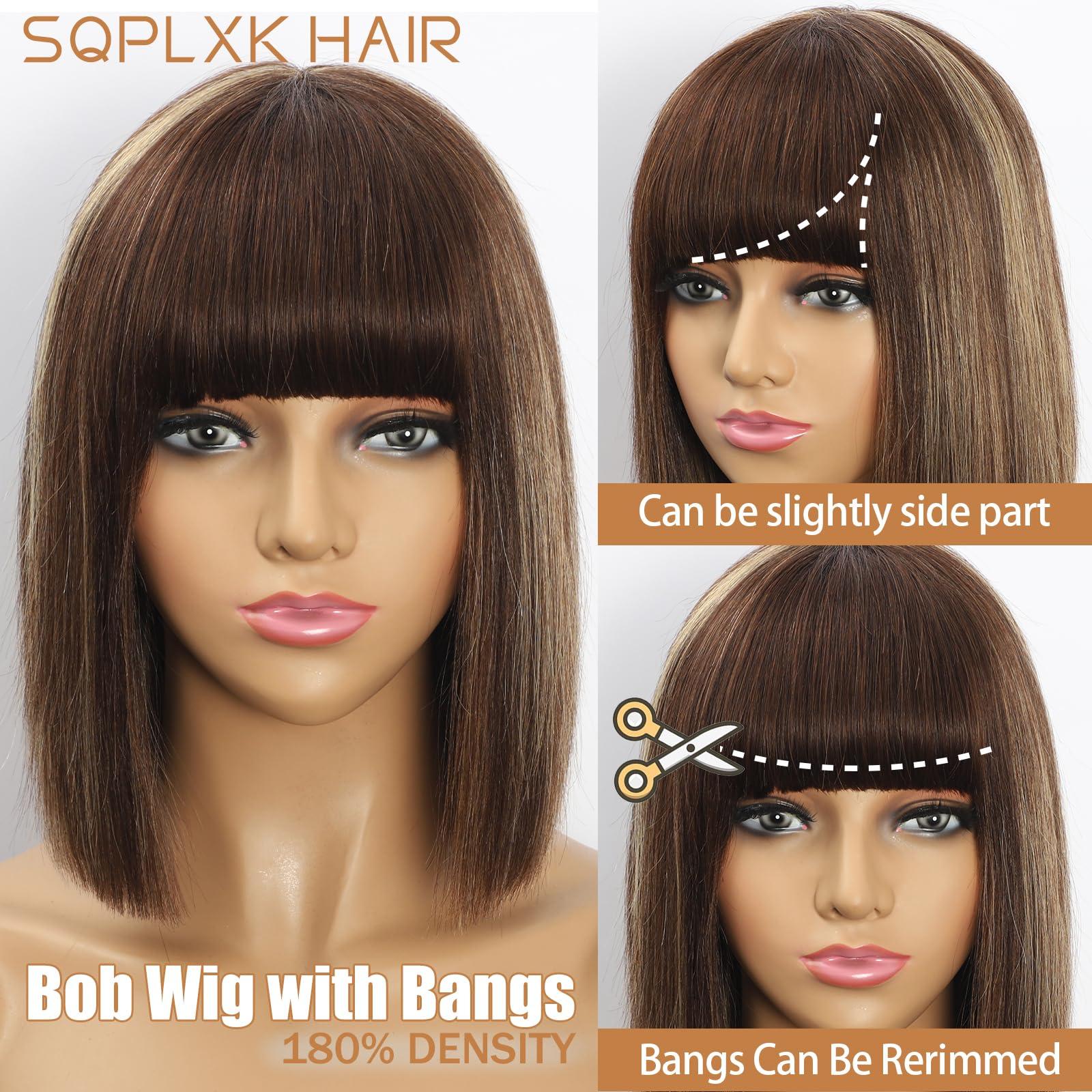 SQPLXK SQPLXK 4/27 Highlight Bob Wig with bangs Human Hair Glueless 2x1 HD Lace Coloured Bob Wig 180 Density Wear and Go Virgin Human Hair Machine Made Bob Wigs for Women 12 Inch