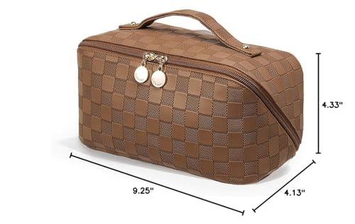 EACHY EACHY Travel Makeup Bag, Large Capacity Cosmetic Bags for Women, Waterproof Portable Open Flat Toiletry Bag Make up Bag with Divider and Handle, Gifts for Women (Plaid-Brown, Medium)