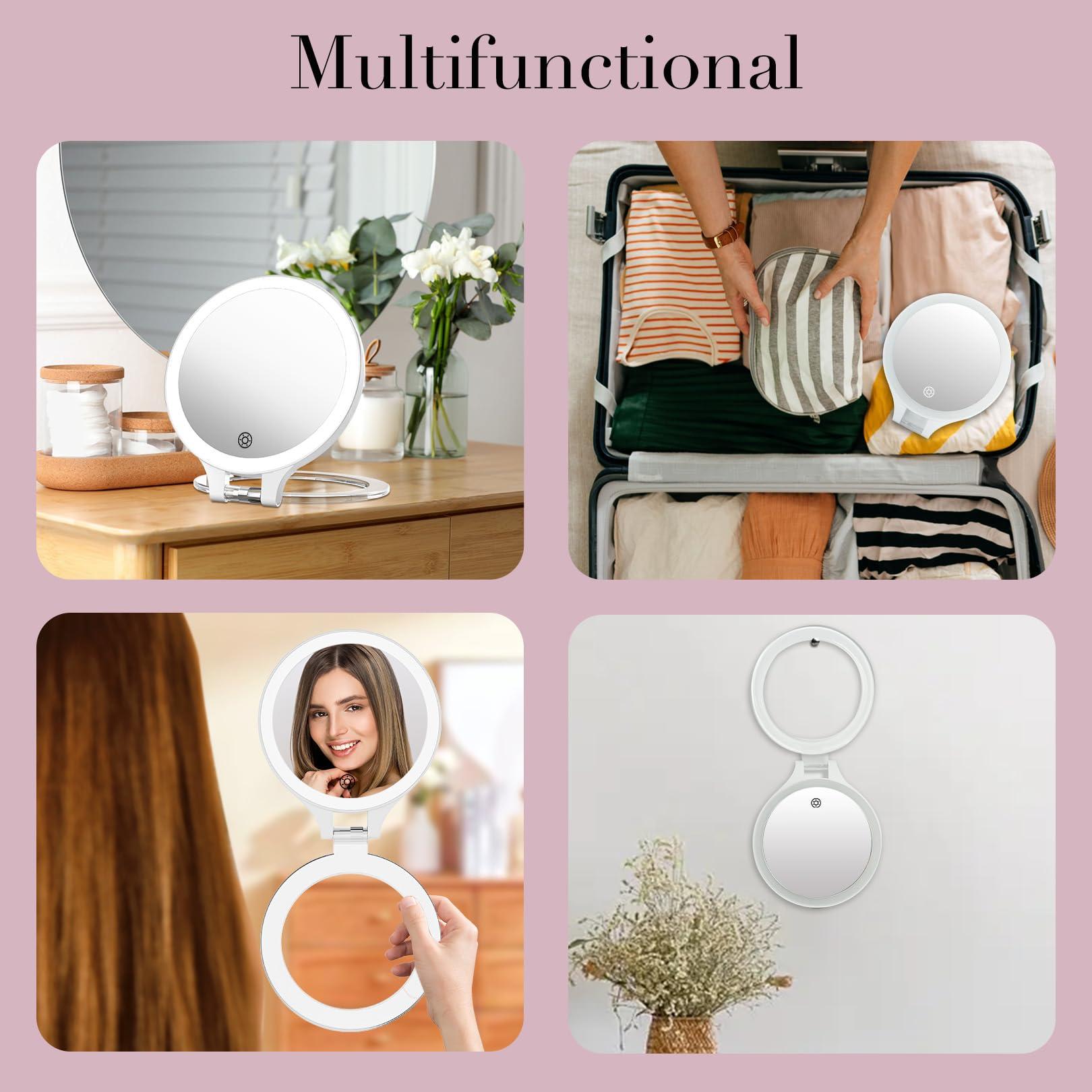 FASCINATE Magnifying Mirror with Light 10X/1X, Double Sided Travel Mirror with Light, Rechargeable Makeup Mirror with 3 Color Setting Adjustable Stand Lighted Mirror Vanity Portable Desk Cosmetic Mirror