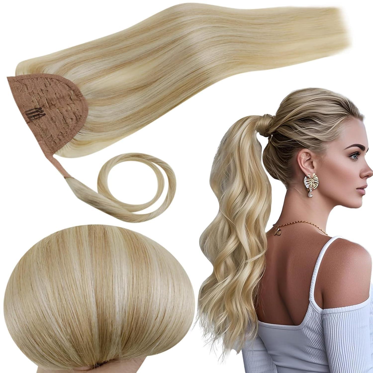 RUNATURE RUNATURE Human Hair Ponytail Extension 18 Inch Ash Blonde with Platinum Blonde Ponytail Extension Human Hair with Magic Paste Full Ends Long Real Hair Ponytail Extensions Wrap Around Thick 80g